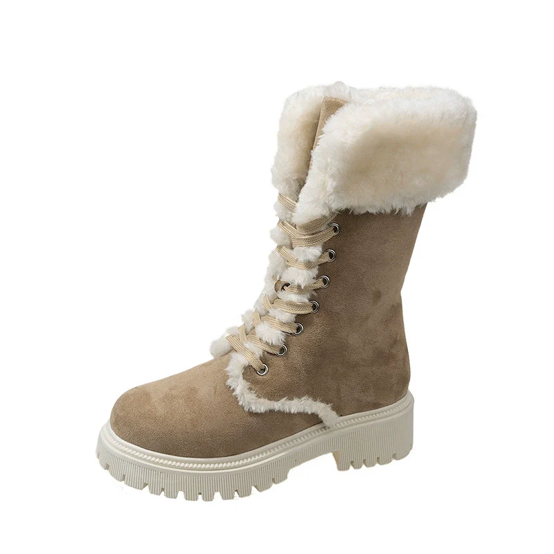 Winter New Women's Velvet Mid-Tube Cotton Boots with Thickened Lining and Height-Enhancing Design