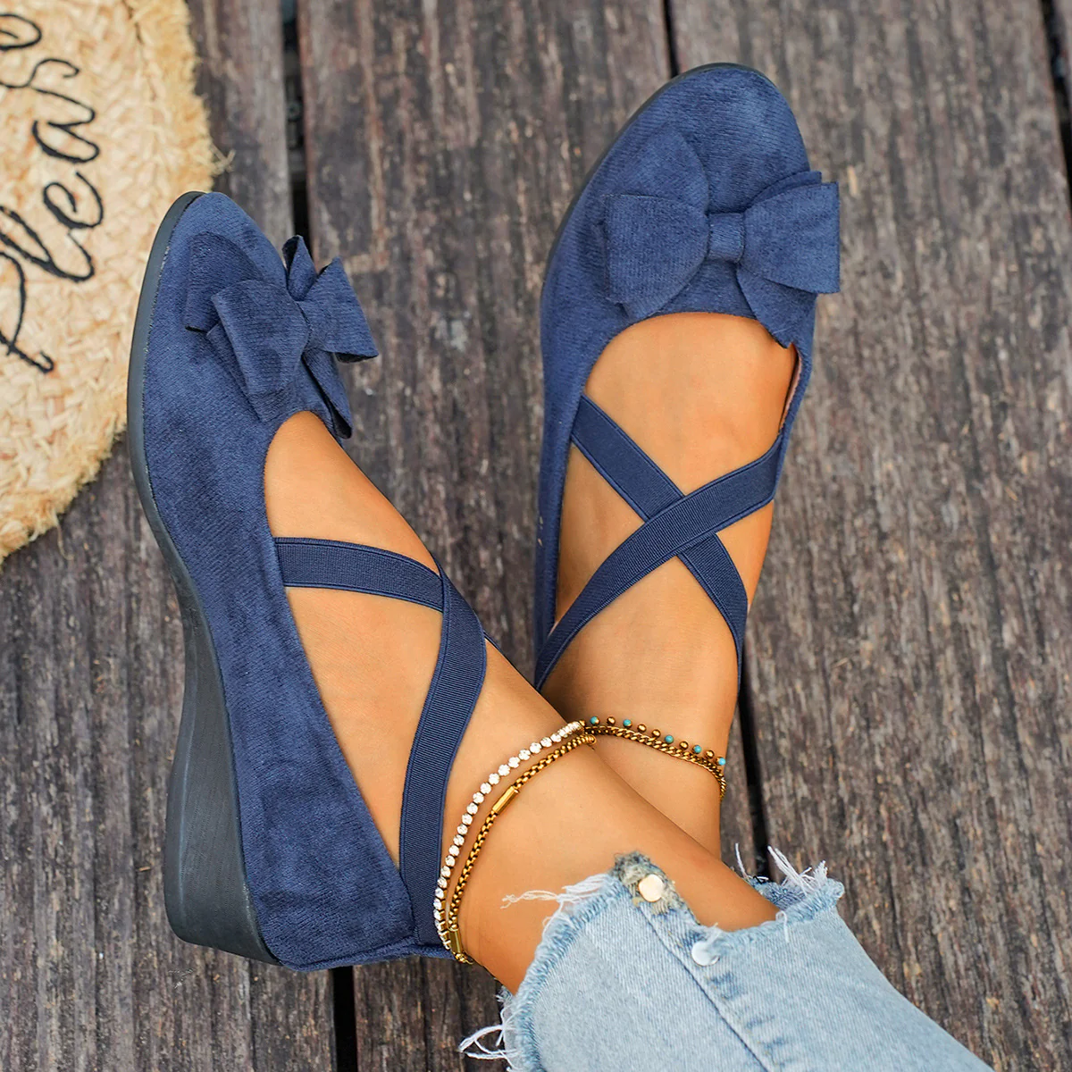 Women’s Elara Bow Suede Wedge Loafers – Elastic Cross-Strap Comfort Slip-Ons