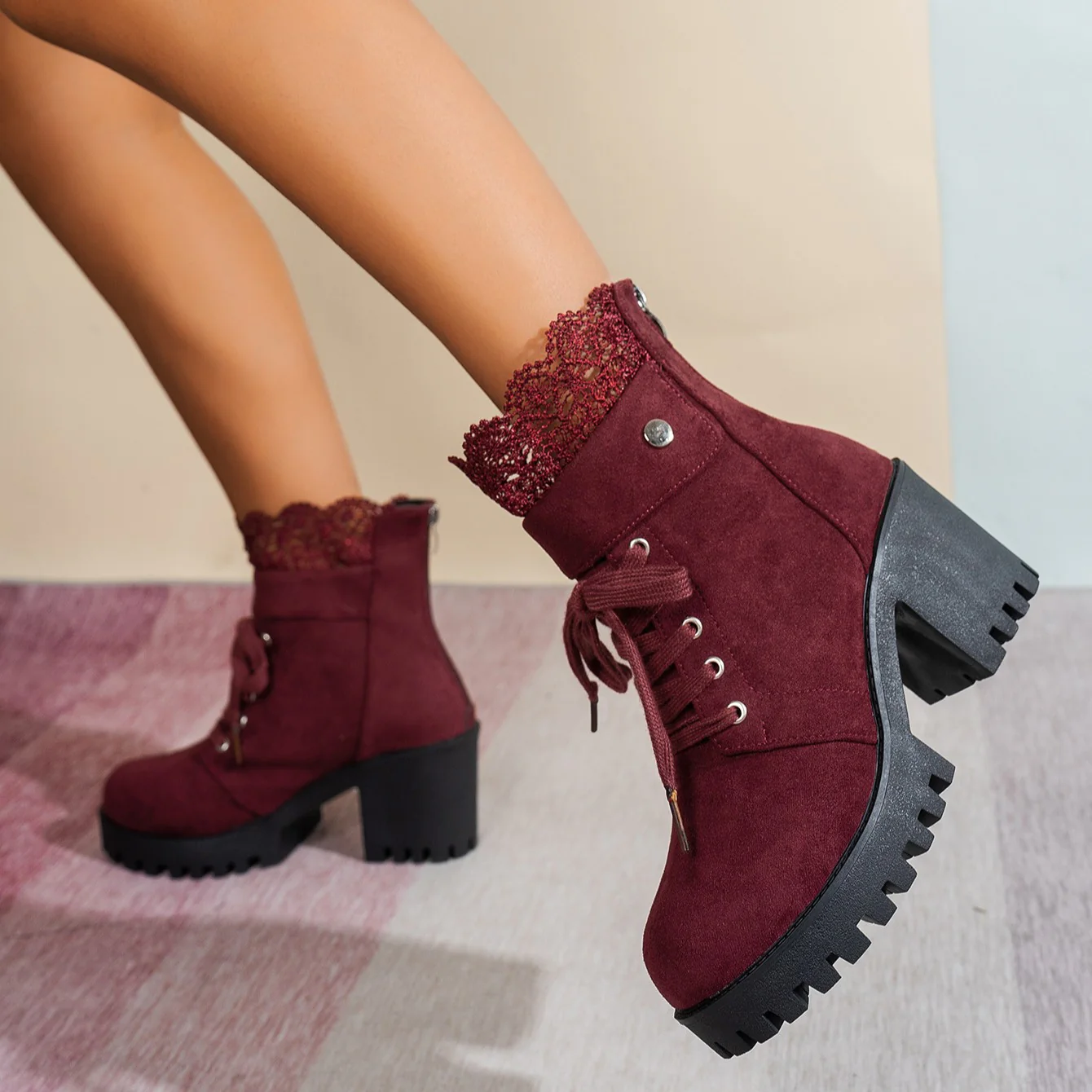 Women's Lace & Suede Heeled Boots - Chunky Heel Round Toe Vintage Ankle Boots