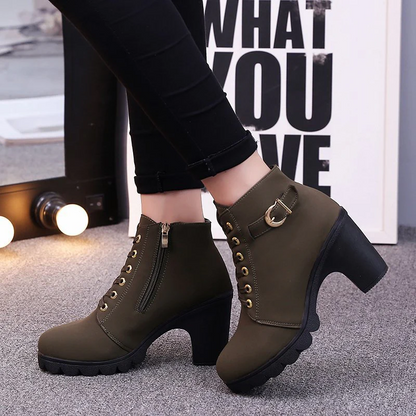 Women's Buckle Decorated Chunky Heel Ankle Boots - Side Zipper & Lace-Up Round Toe Mid-Calf Equestrian Boots