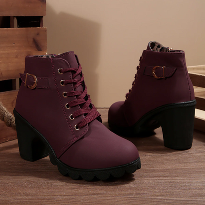 Women's Buckle Decorated Chunky Heel Ankle Boots - Side Zipper & Lace-Up Round Toe Mid-Calf Equestrian Boots
