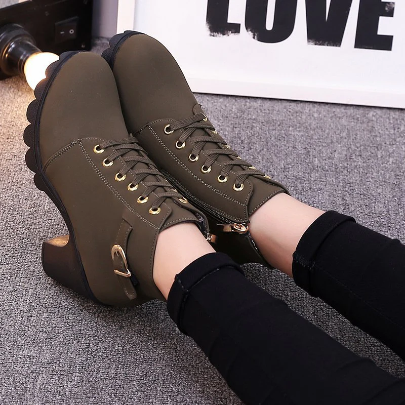 Women's Buckle Decorated Chunky Heel Ankle Boots - Side Zipper & Lace-Up Round Toe Mid-Calf Equestrian Boots