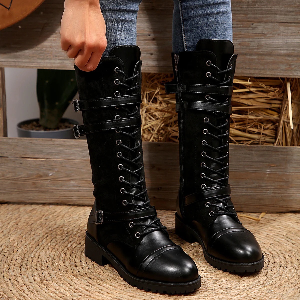 Women's Rogue Riding Boots - PU & Denim Lace-Up Combat Boots