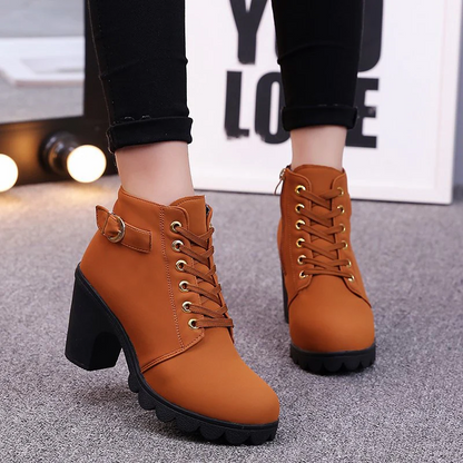 Women's Buckle Decorated Chunky Heel Ankle Boots - Side Zipper & Lace-Up Round Toe Mid-Calf Equestrian Boots