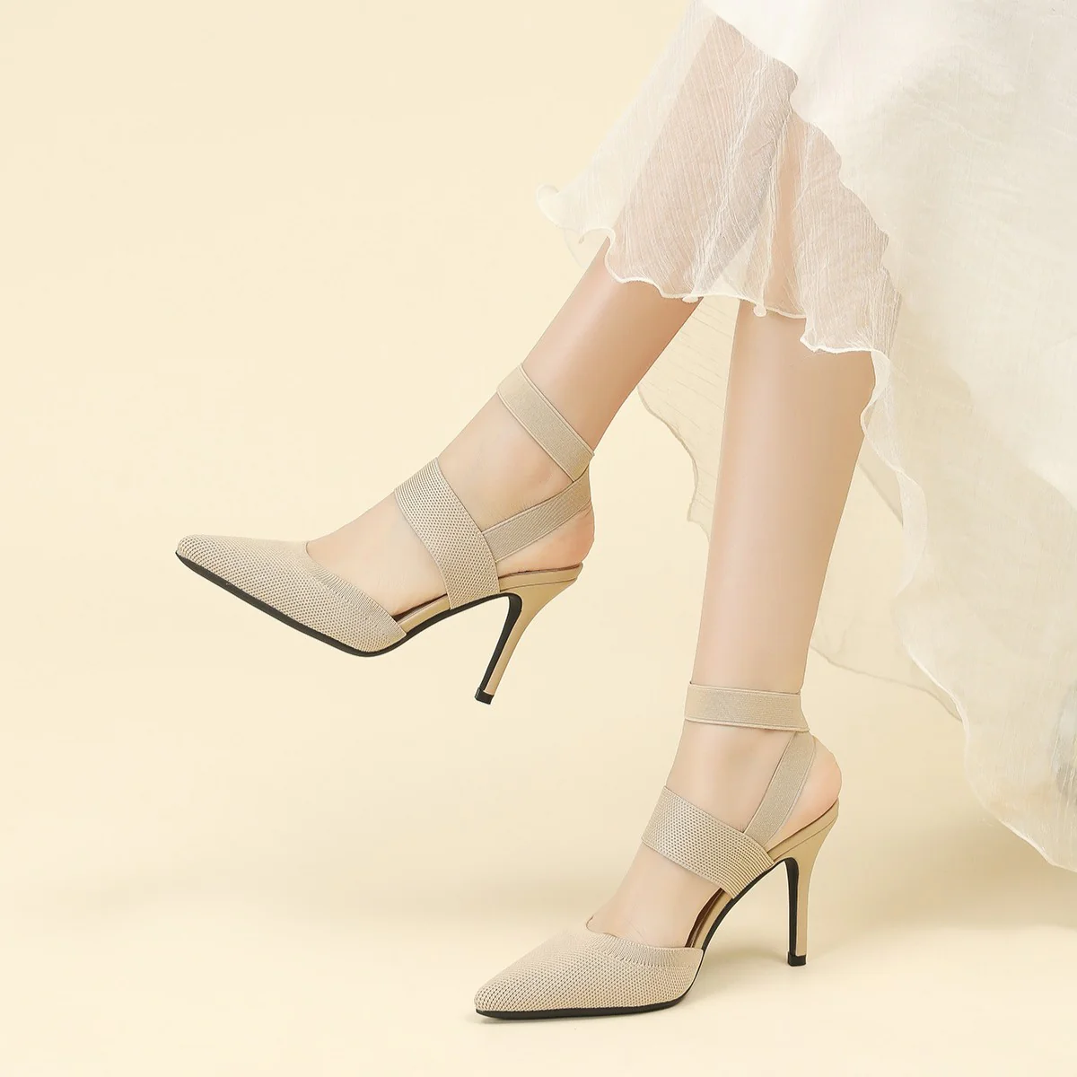 Women’s Amara Fabric Ankle-Strap Stiletto Pumps – Pointed-Toe Hollow Side Elegant Heels