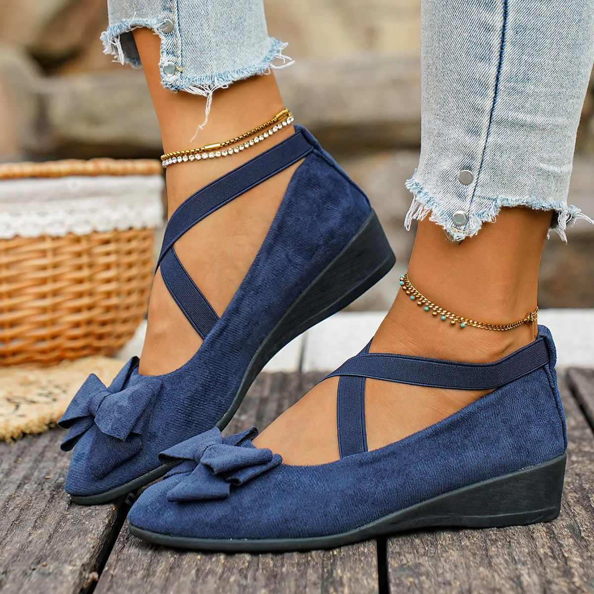 Women’s Elara Bow Suede Wedge Loafers – Elastic Cross-Strap Comfort Slip-Ons