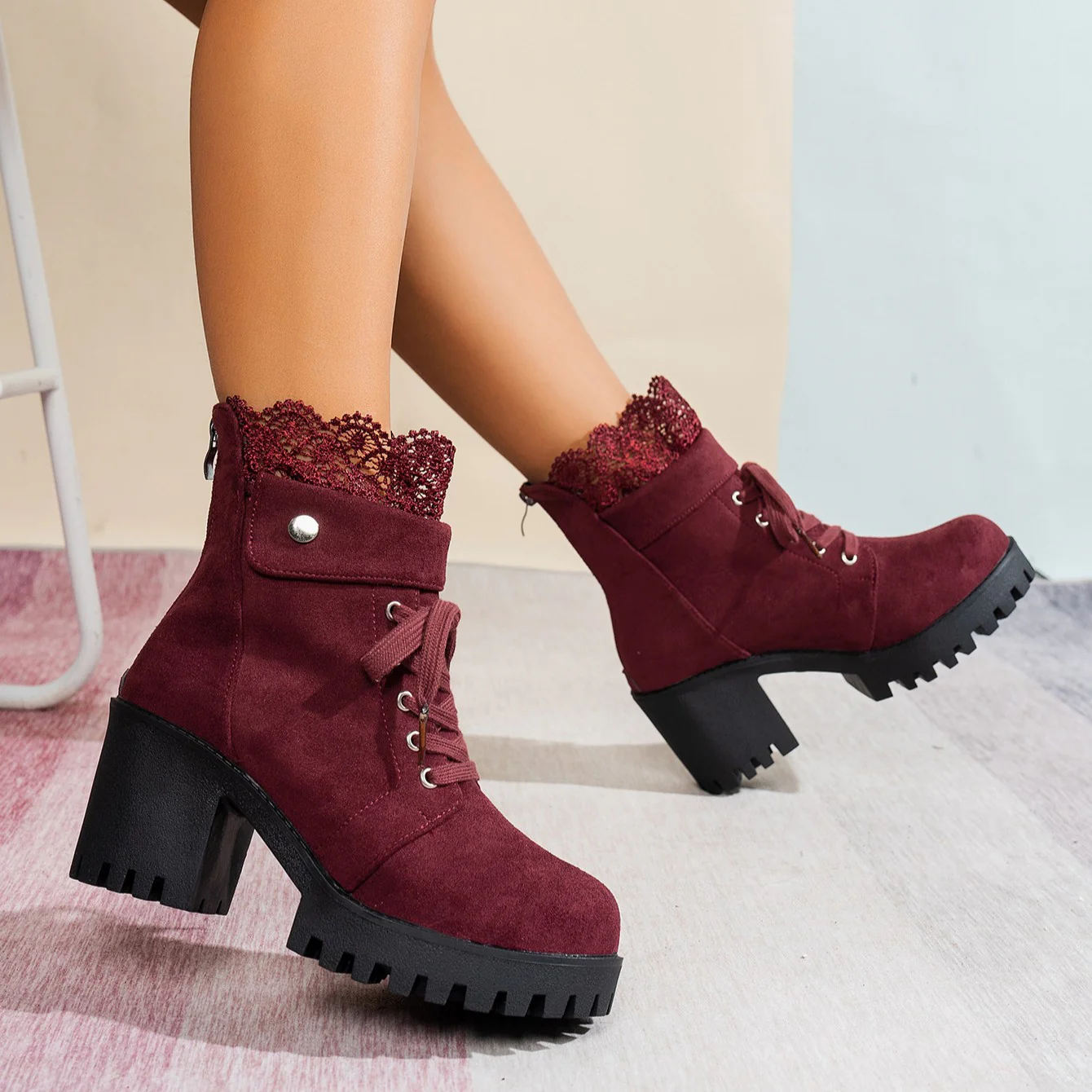 Women's Lace & Suede Heeled Boots - Chunky Heel Round Toe Vintage Ankle Boots