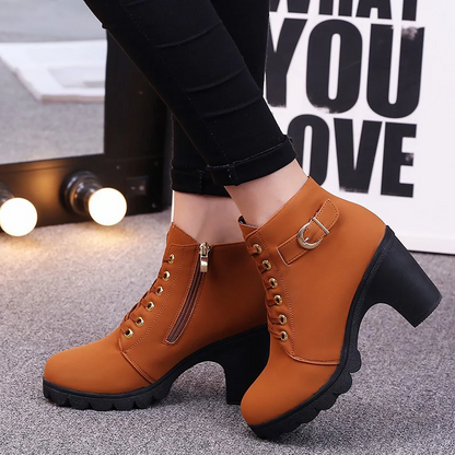 Women's Buckle Decorated Chunky Heel Ankle Boots - Side Zipper & Lace-Up Round Toe Mid-Calf Equestrian Boots