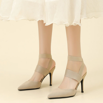 Women’s Amara Fabric Ankle-Strap Stiletto Pumps – Pointed-Toe Hollow Side Elegant Heels