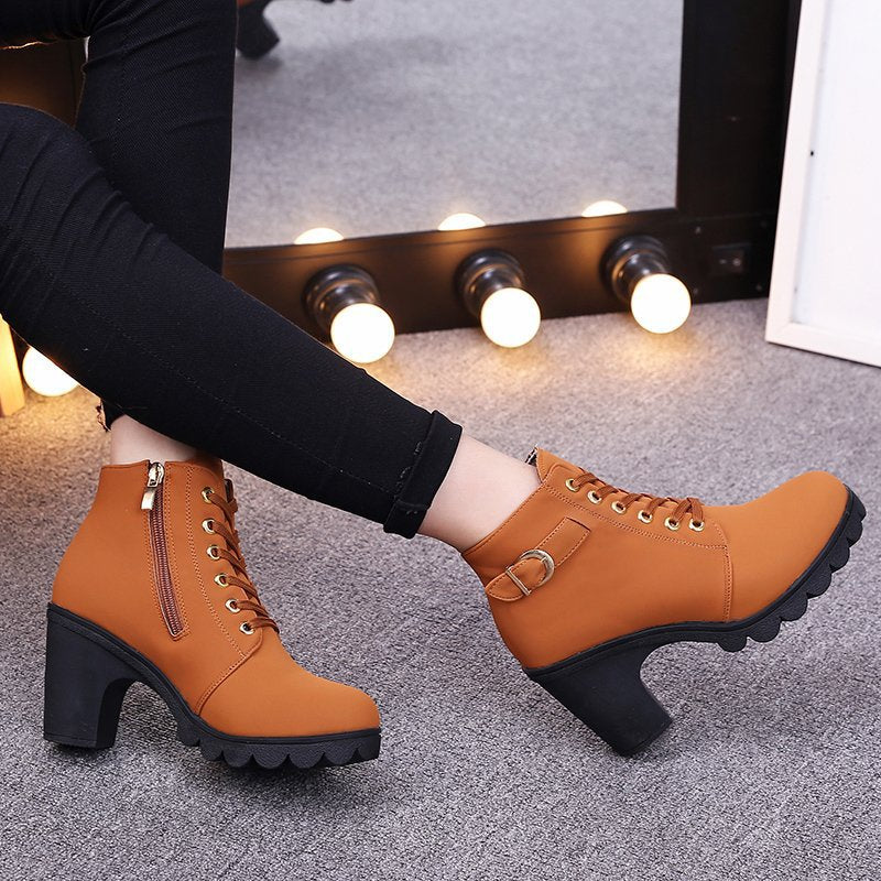 Women's Buckle Decorated Chunky Heel Ankle Boots - Side Zipper & Lace-Up Round Toe Mid-Calf Equestrian Boots