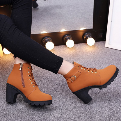 Women's Buckle Decorated Chunky Heel Ankle Boots - Side Zipper & Lace-Up Round Toe Mid-Calf Equestrian Boots