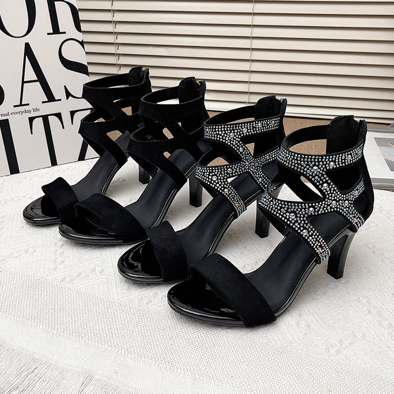 Women’s Aurora Rome Stiletto Heels – Zip Back Suede Open-Toe Sandals