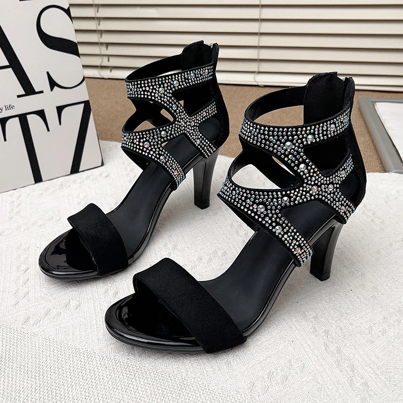 Women’s Aurora Rome Stiletto Heels – Zip Back Suede Open-Toe Sandals