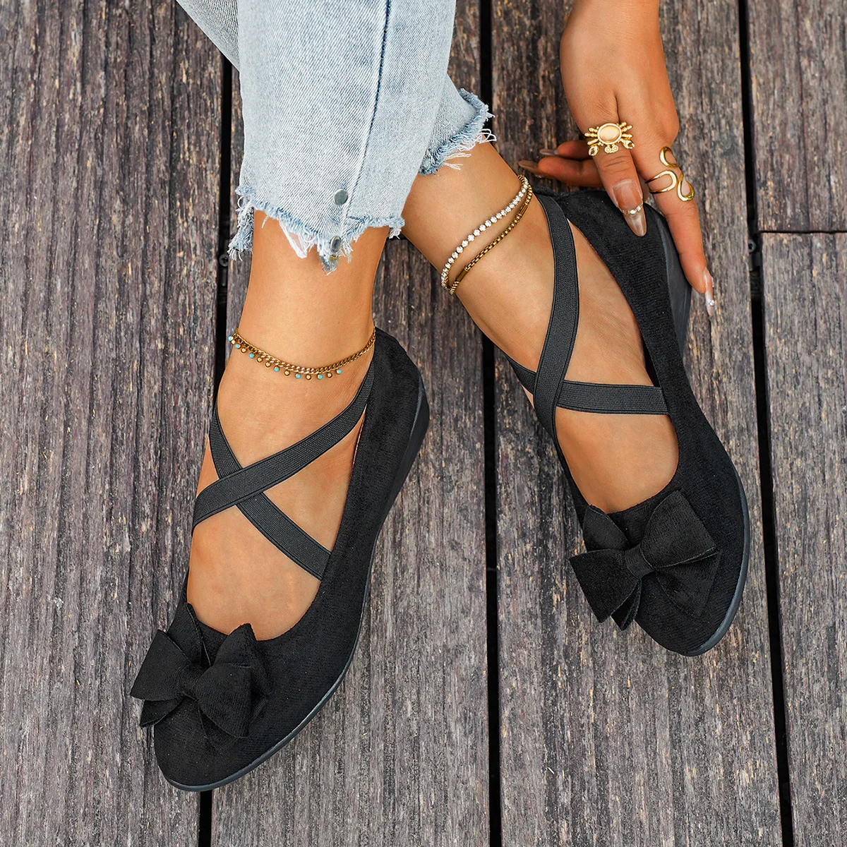 Women’s Elara Bow Suede Wedge Loafers – Elastic Cross-Strap Comfort Slip-Ons