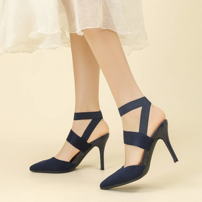 Women’s Amara Fabric Ankle-Strap Stiletto Pumps – Pointed-Toe Hollow Side Elegant Heels