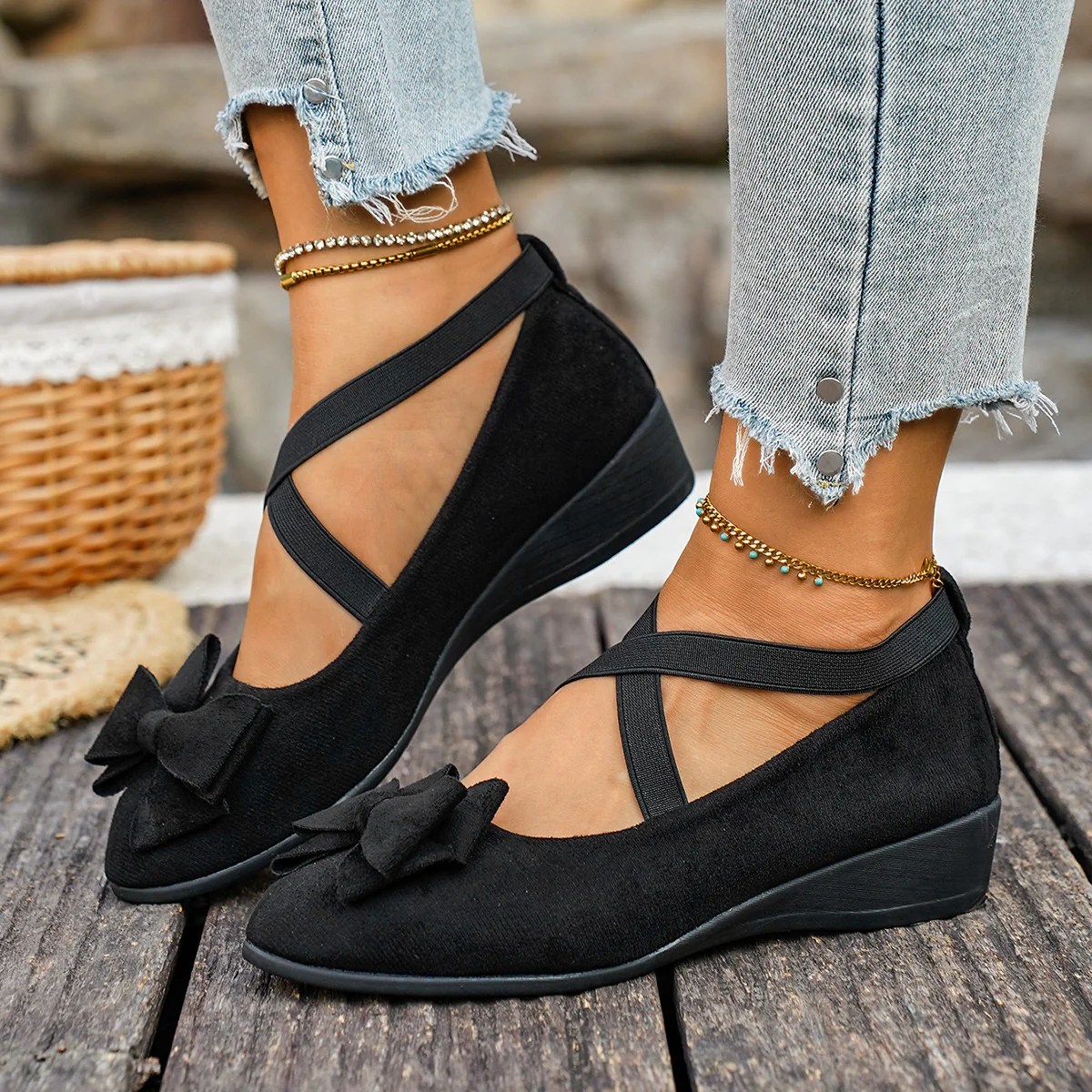 Women’s Elara Bow Suede Wedge Loafers – Elastic Cross-Strap Comfort Slip-Ons