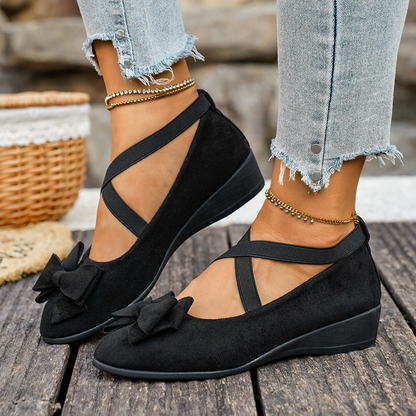 Women’s Elara Bow Suede Wedge Loafers – Elastic Cross-Strap Comfort Slip-Ons