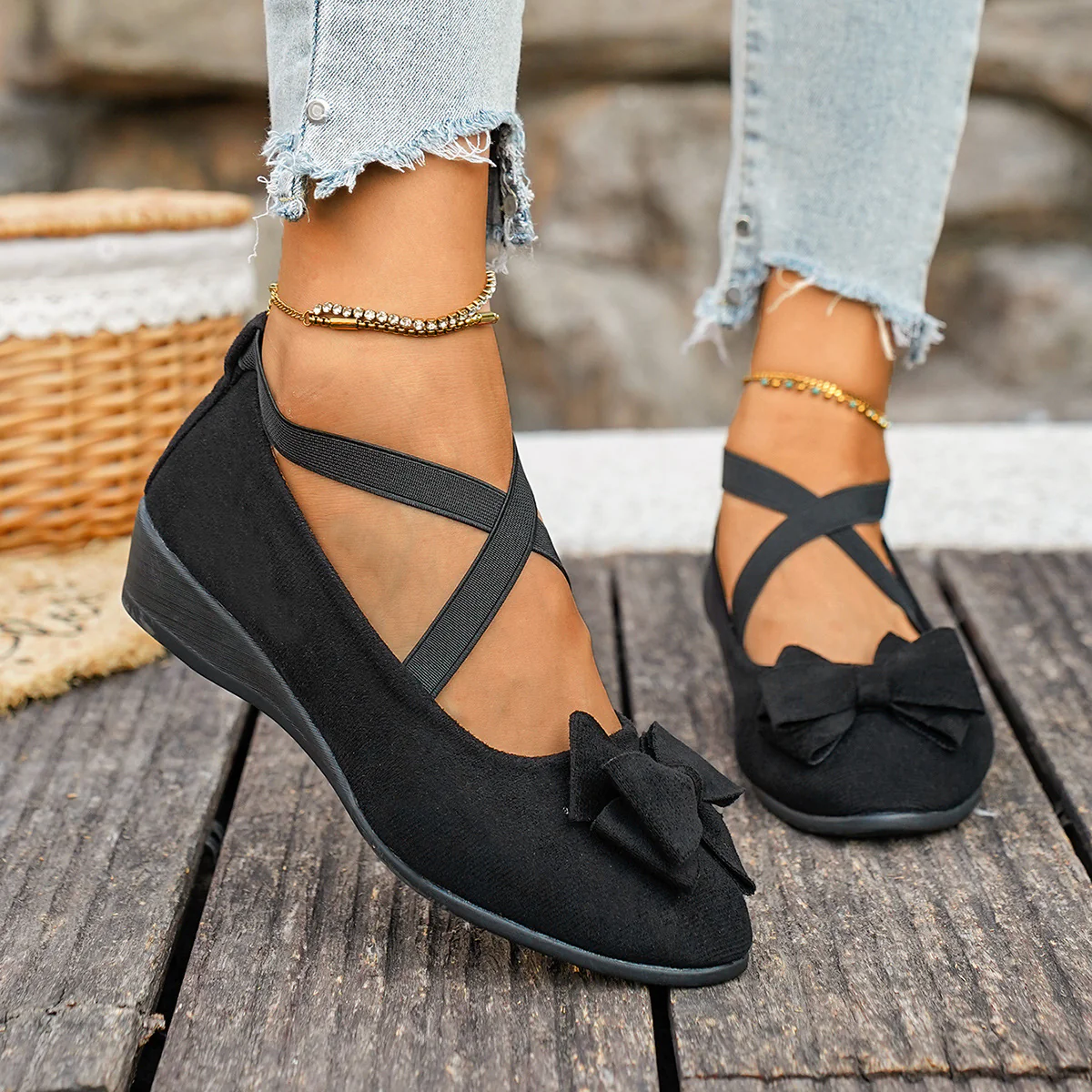 Women’s Elara Bow Suede Wedge Loafers – Elastic Cross-Strap Comfort Slip-Ons