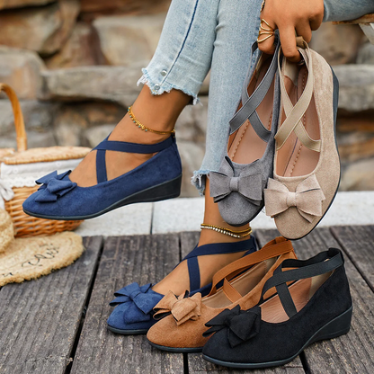 Women’s Elara Bow Suede Wedge Loafers – Elastic Cross-Strap Comfort Slip-Ons