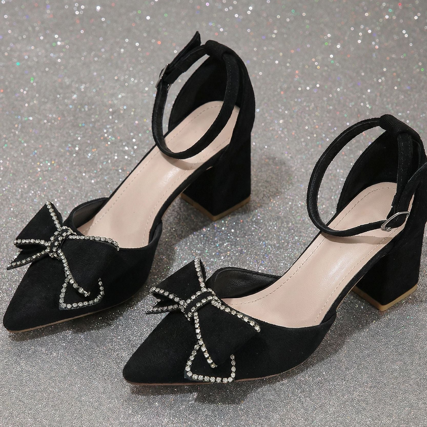 Women’s Bowelle Crystal Pointed Toe Buckle Heels – Hollow Closed Toe Bow High Heels