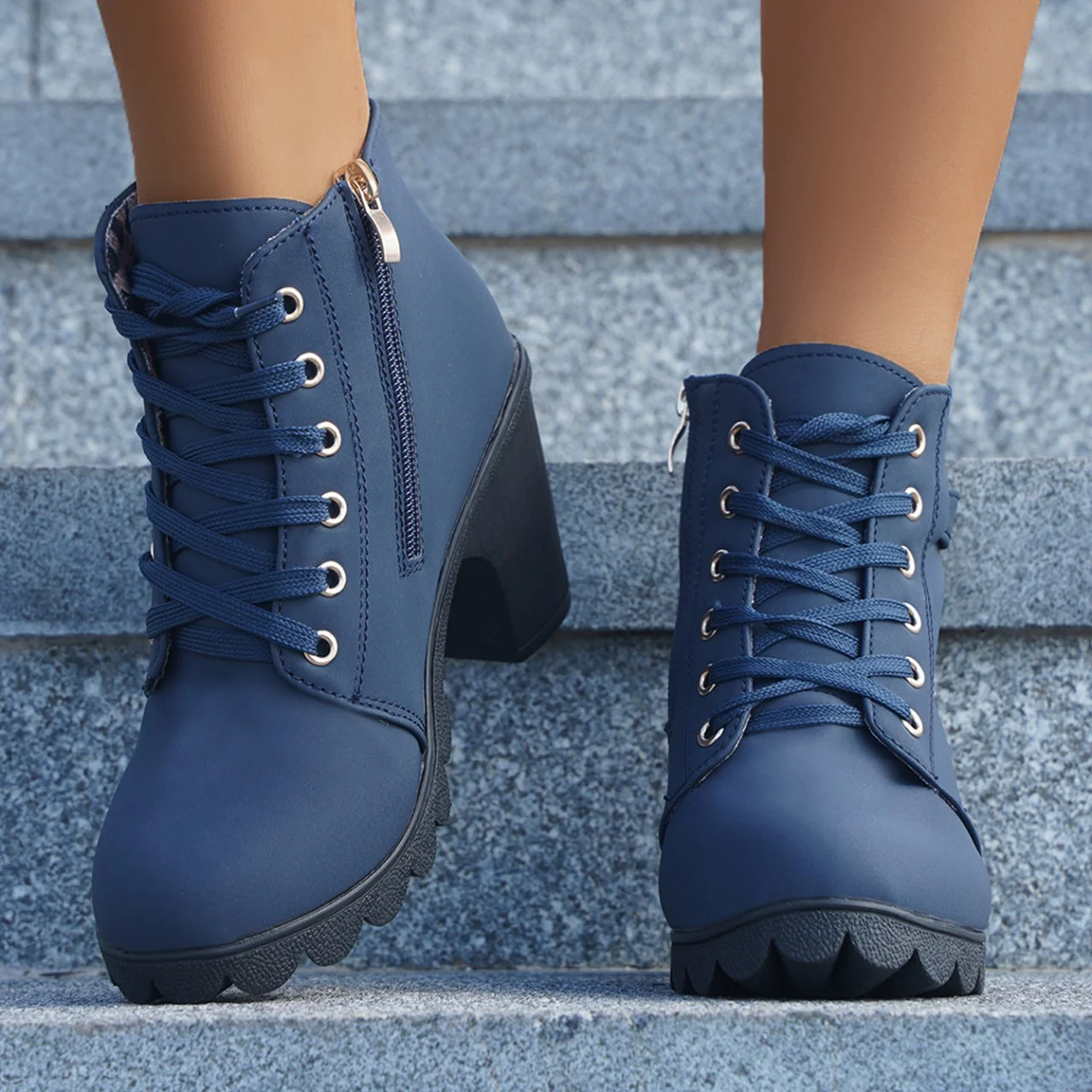 Women's Buckle Decorated Chunky Heel Ankle Boots - Side Zipper & Lace-Up Round Toe Mid-Calf Equestrian Boots