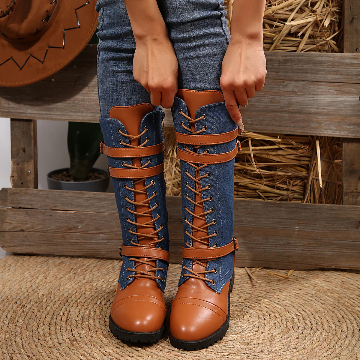 Women's Rogue Riding Boots - PU & Denim Lace-Up Combat Boots