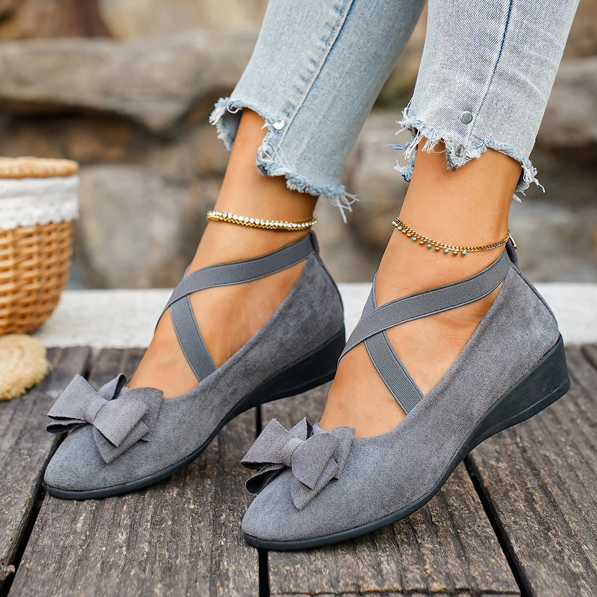 Women’s Elara Bow Suede Wedge Loafers – Elastic Cross-Strap Comfort Slip-Ons