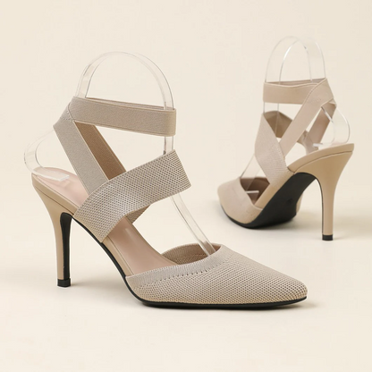 Women’s Amara Fabric Ankle-Strap Stiletto Pumps – Pointed-Toe Hollow Side Elegant Heels