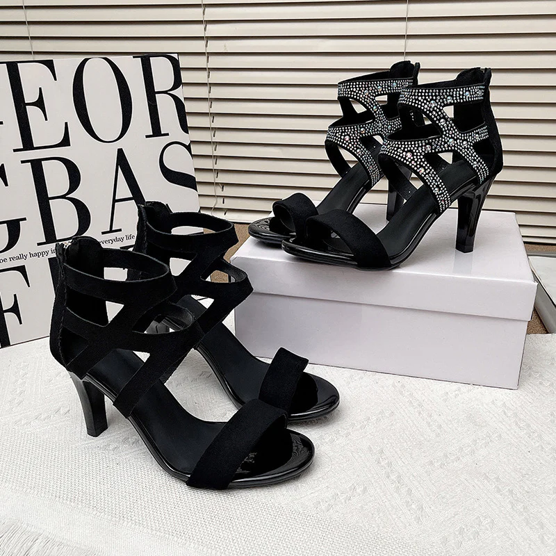 Women’s Aurora Rome Stiletto Heels – Zip Back Suede Open-Toe Sandals