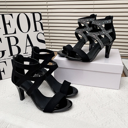 Women’s Aurora Rome Stiletto Heels – Zip Back Suede Open-Toe Sandals