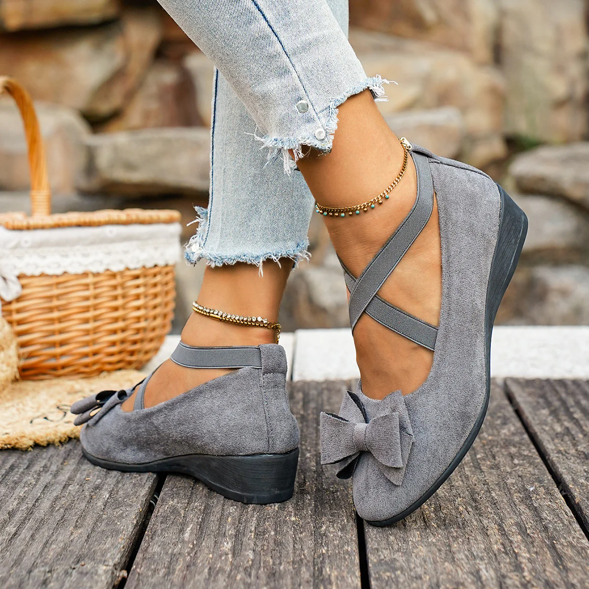 Women’s Elara Bow Suede Wedge Loafers – Elastic Cross-Strap Comfort Slip-Ons