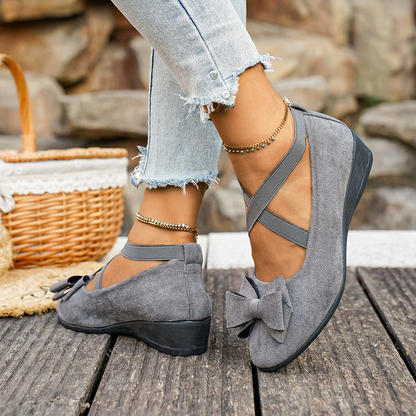Women’s Elara Bow Suede Wedge Loafers – Elastic Cross-Strap Comfort Slip-Ons