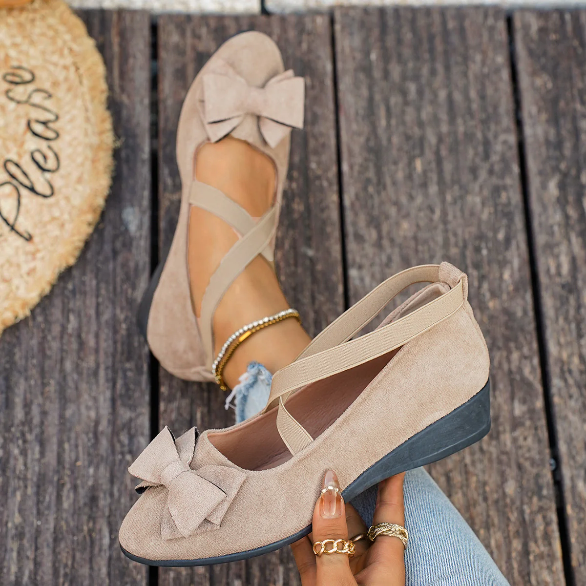 Women’s Elara Bow Suede Wedge Loafers – Elastic Cross-Strap Comfort Slip-Ons