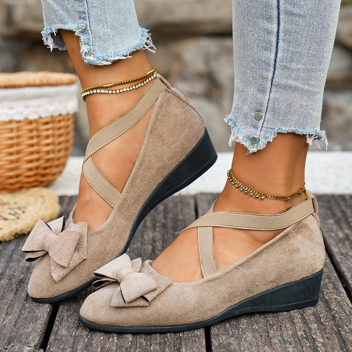 Women’s Elara Bow Suede Wedge Loafers – Elastic Cross-Strap Comfort Slip-Ons