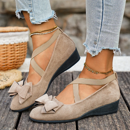 Women’s Elara Bow Suede Wedge Loafers – Elastic Cross-Strap Comfort Slip-Ons