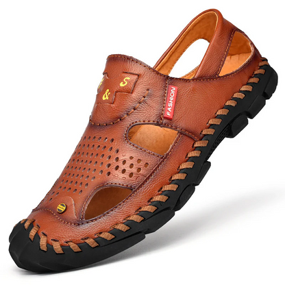 Flow Men’s Genuine Leather Summer Clogs – Breathable Closed-Toe Soft Sole Casual Beach Sandals