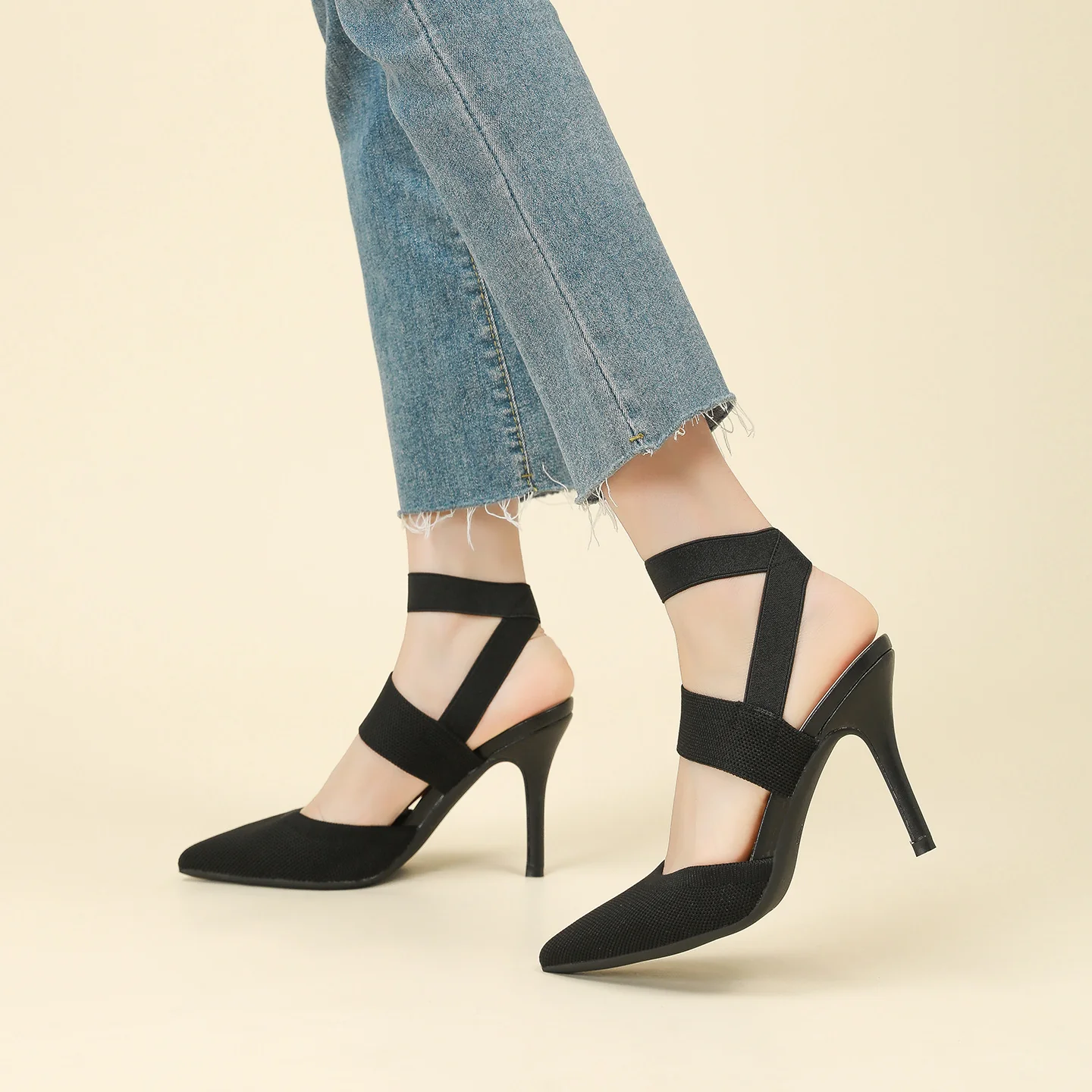 Women’s Amara Fabric Ankle-Strap Stiletto Pumps – Pointed-Toe Hollow Side Elegant Heels