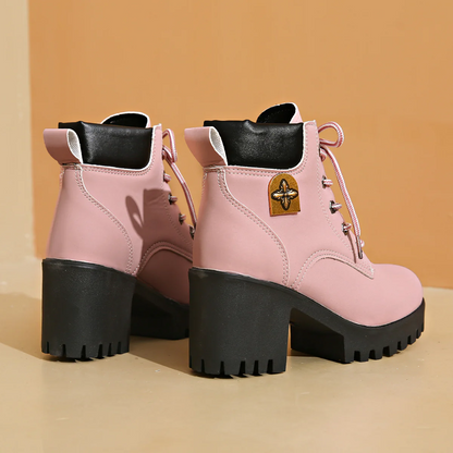 Women's Cowhide Metropolitan Combat Boot - Waterproof Block Heel Ankle Boots with Extended Sizes & Commuter-Ready Traction
