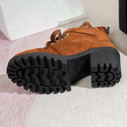 Women's Lace & Suede Heeled Boots - Chunky Heel Round Toe Vintage Ankle Boots