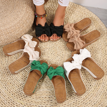 Women’s Liora Bow Flower Platform Wedge Slide Sandals – Peep-Toe Wide Strap Summer Slides