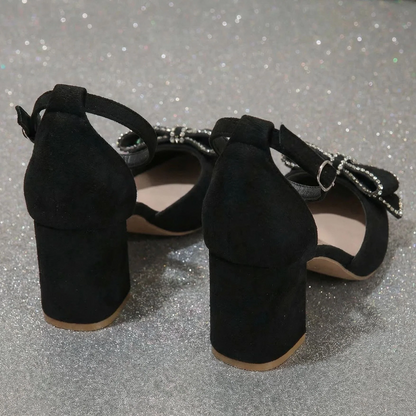 Women’s Bowelle Crystal Pointed Toe Buckle Heels – Hollow Closed Toe Bow High Heels
