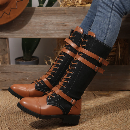 Women's Rogue Riding Boots - PU & Denim Lace-Up Combat Boots
