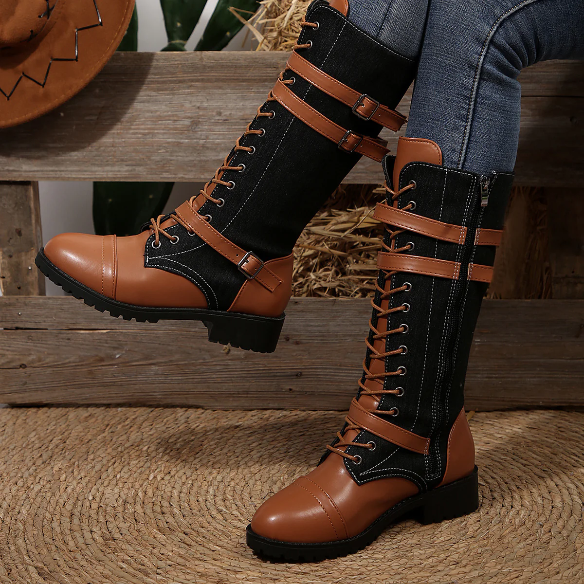 Women's Rogue Riding Boots - PU & Denim Lace-Up Combat Boots
