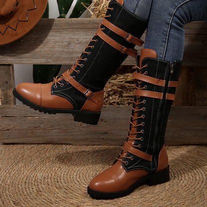 Women's Rogue Riding Boots - PU & Denim Lace-Up Combat Boots