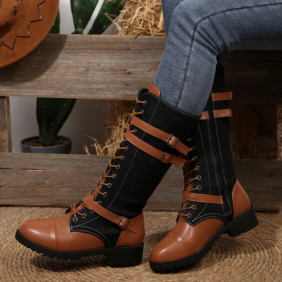 Women's Rogue Riding Boots - PU & Denim Lace-Up Combat Boots