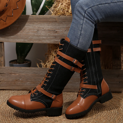 Women's Rogue Riding Boots - PU & Denim Lace-Up Combat Boots