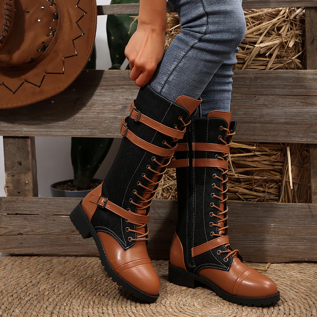 Women's Rogue Riding Boots - PU & Denim Lace-Up Combat Boots