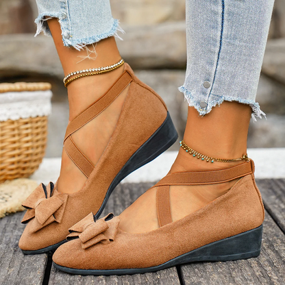 Women’s Elara Bow Suede Wedge Loafers – Elastic Cross-Strap Comfort Slip-Ons