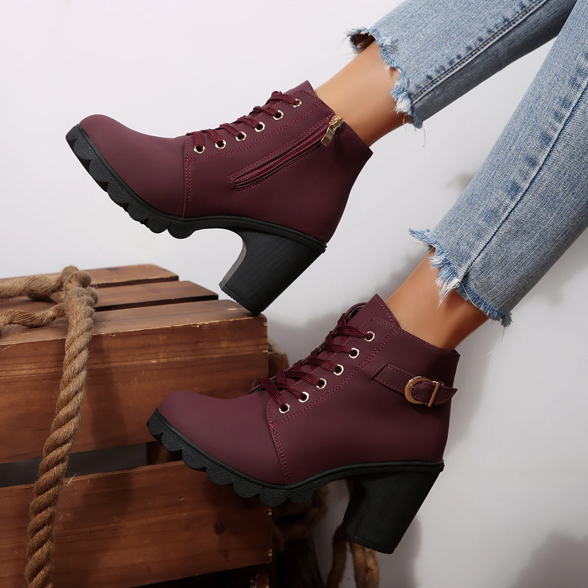 Women's Buckle Decorated Chunky Heel Ankle Boots - Side Zipper & Lace-Up Round Toe Mid-Calf Equestrian Boots