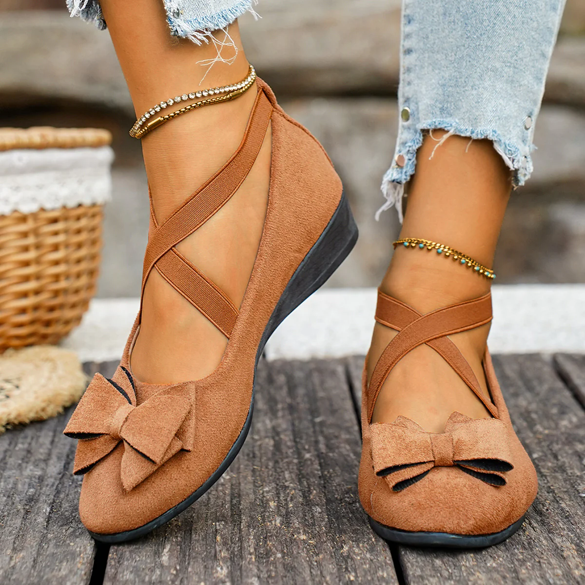 Women’s Elara Bow Suede Wedge Loafers – Elastic Cross-Strap Comfort Slip-Ons